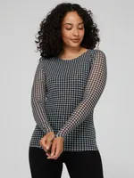 Houndstooth Sheer Mesh Crew Neck Top, Pearl /