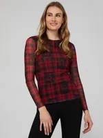 Floral Plaid Sheer Mesh Crew Neck Top, Rumba Red /