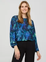 Printed Long Sleeve Plisse Volume Top, Sapphire /