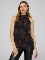 Floral Print Halter Crinkled Sheer Mesh Top, Black /