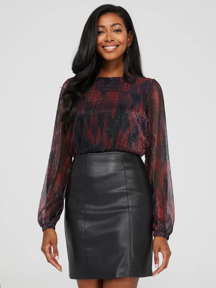 Printed Metallic Crinkle Mesh Top, Rumba Red /