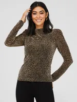 Metallic Leopard Print Mock Neck Top, Gold /