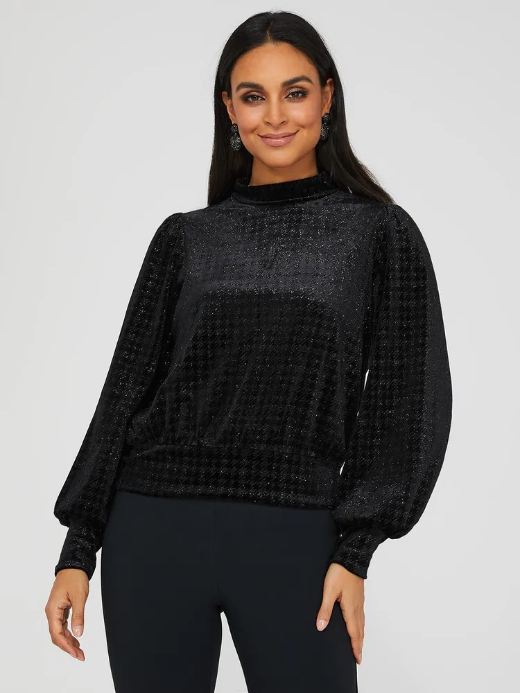 Velvet Glitter Houndstooth Mock Neck Top, Black /