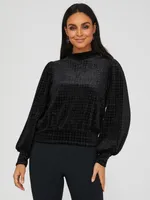 Velvet Glitter Houndstooth Mock Neck Top, Black /