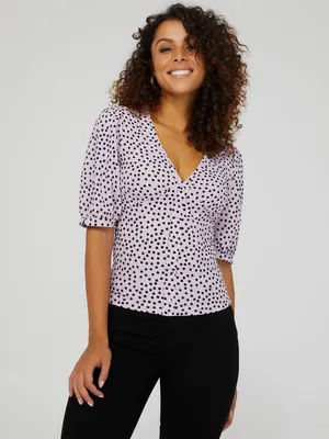 Printed V-Neck Button-Front Top With Puff Sleeves, Mauve /