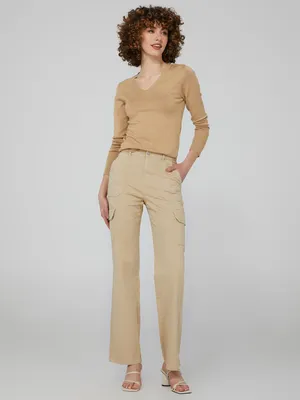 High-Rise Straight Leg Twill Pants With Cargo Pockets, /