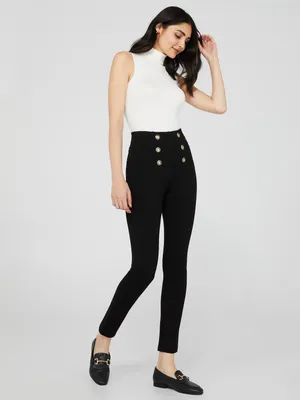 High-Waisted Pull-On Pants With Button Details, Black /