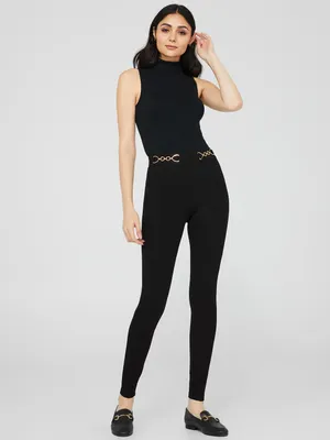 Skinny Pull-On Pants With Chain Detail Waistband, Black /