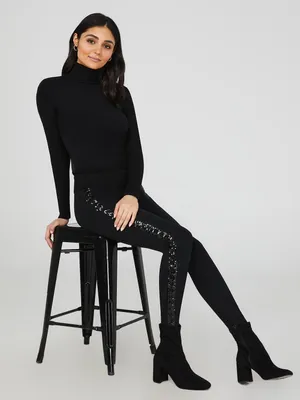 Sequin Side Trim High-Waisted Pants, Black /