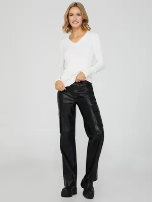 Faux Leather Straight Leg Pants With Cargo Pockets, /