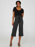 Pinstripe Gaucho Pants With Self Belt, Black /