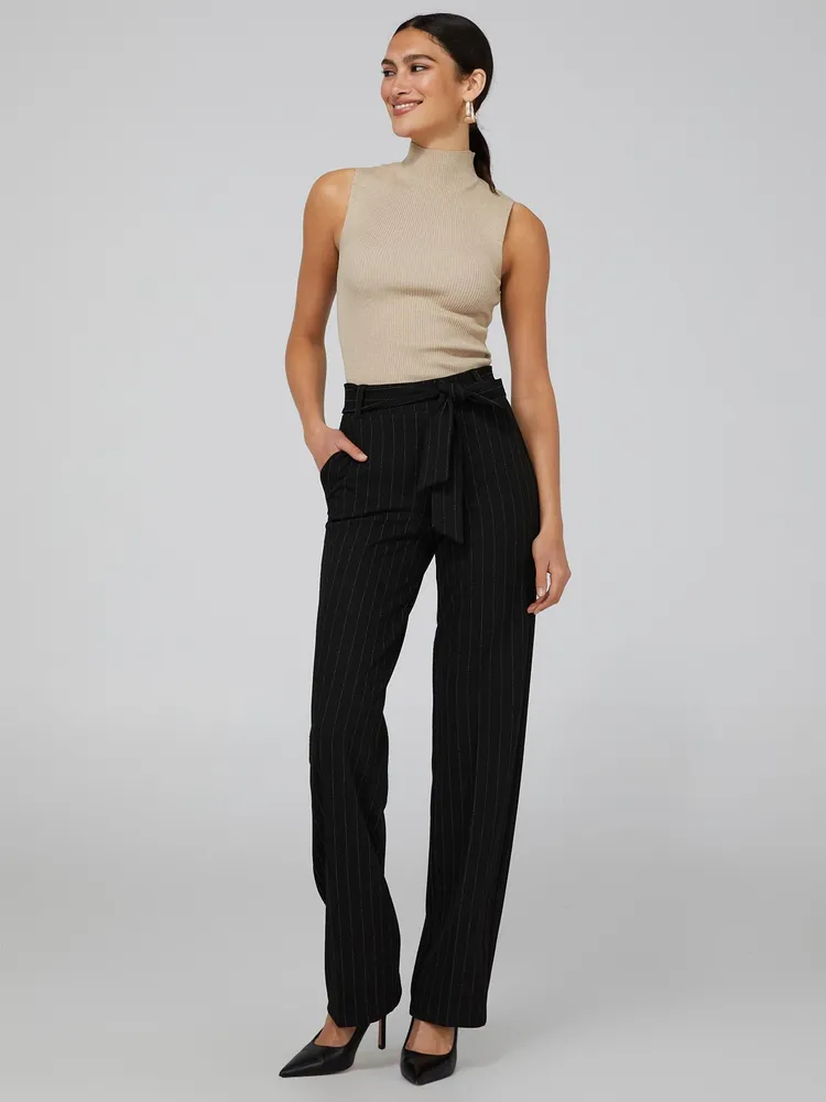 Suzy Shier Pinstripe Pants With Sash Belt, Black /