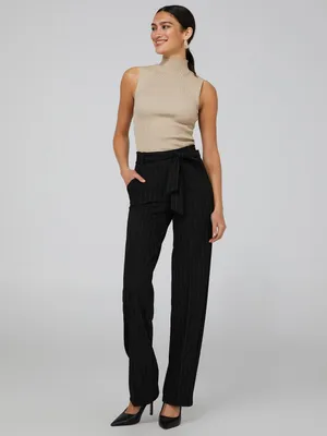 Pinstripe Pants With Sash Belt, Black /