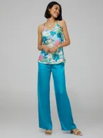 Pull-On Satin Straight Leg Pants, Turquoise /