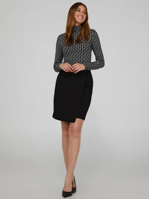 Faux Wrap Skirt With 2-Button Waistband, Black /