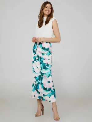 Satin Floral Print Maxi Skirt With Drawstring, Pink /