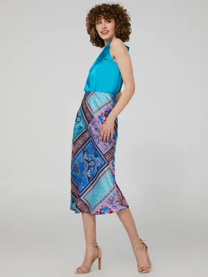 Printed Satin Bias Skirt, Victoria Blue /