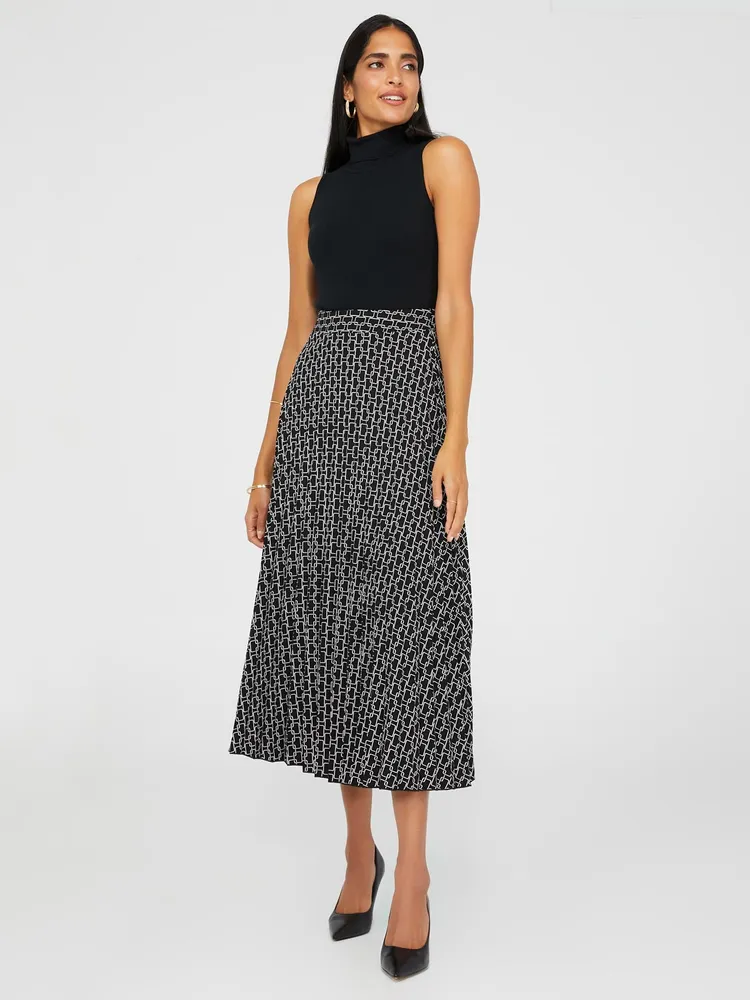 Printed Pleated Midi Skirt, Black /