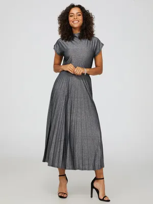 Metallic Pleated Midi Skirt, Dk Grey /