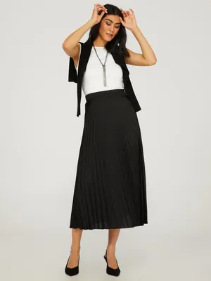 Satin Pleated Midi Skirt, Black /
