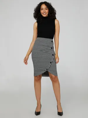Houndstooth Wrap Skirt With Front Button Detail, Black /
