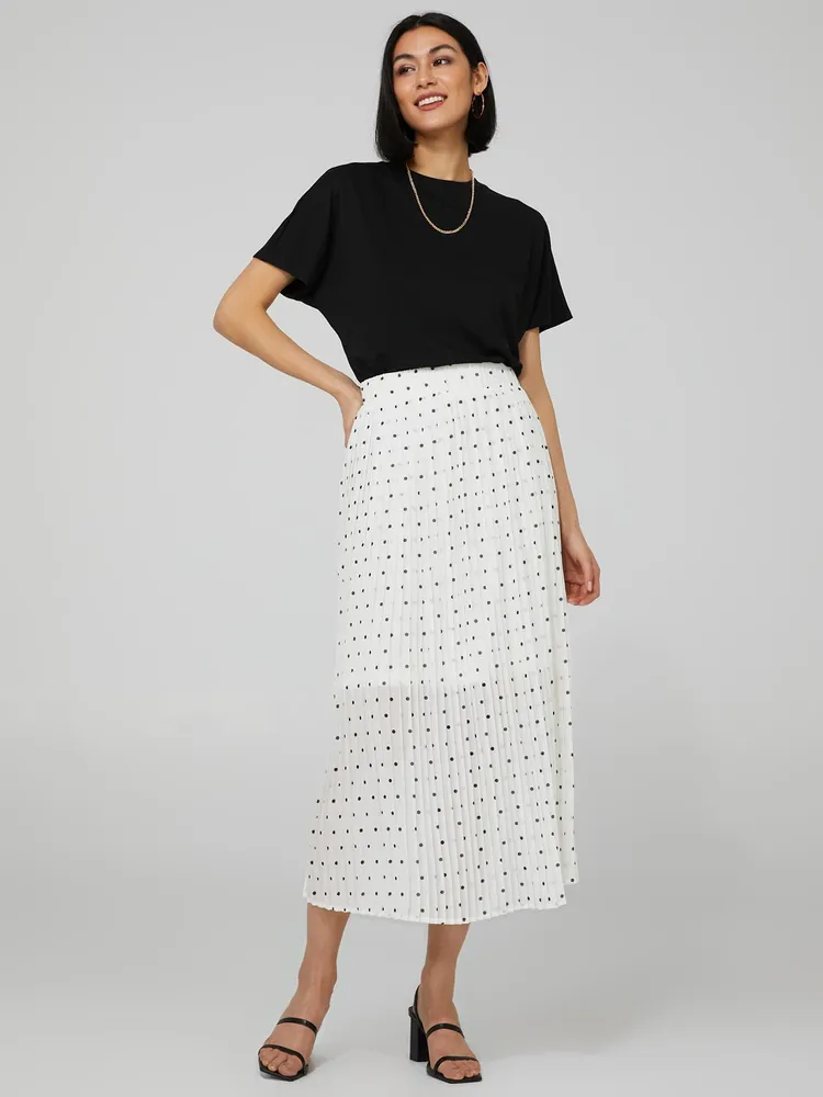 Suzy Shier Polka Dot Pleated Maxi Skirt, Pearl /