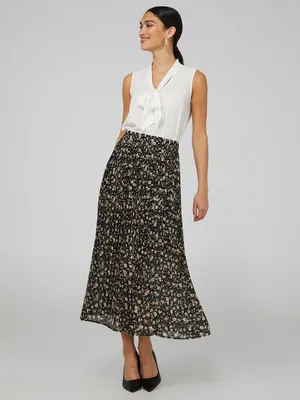 Floral Print Pleated Chiffon Skirt, Black /