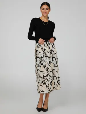 Printed Pleated Midi Skirt, Black /
