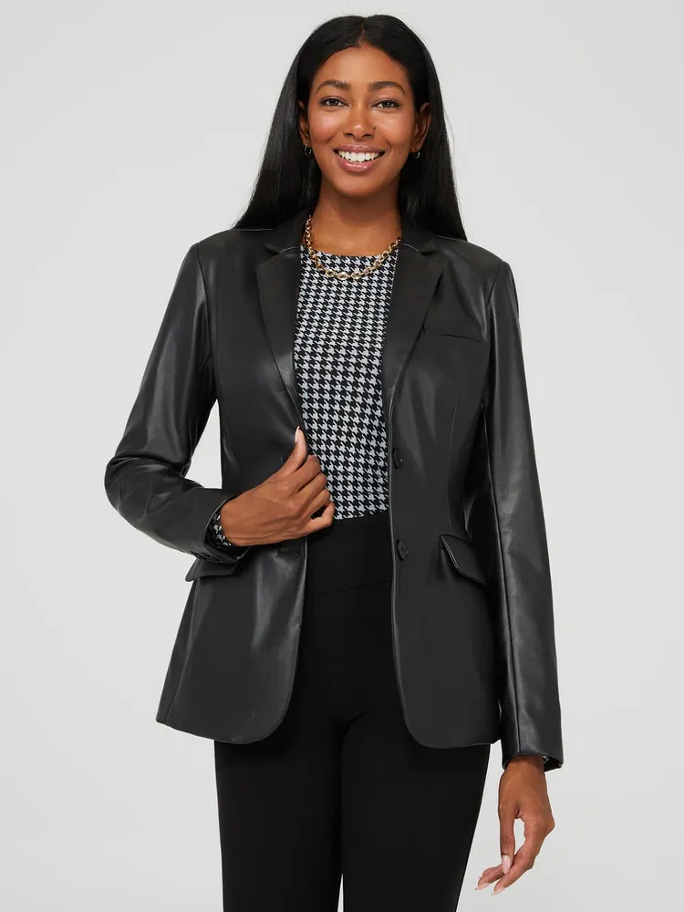 2-Button Faux Leather Blazer, Black /