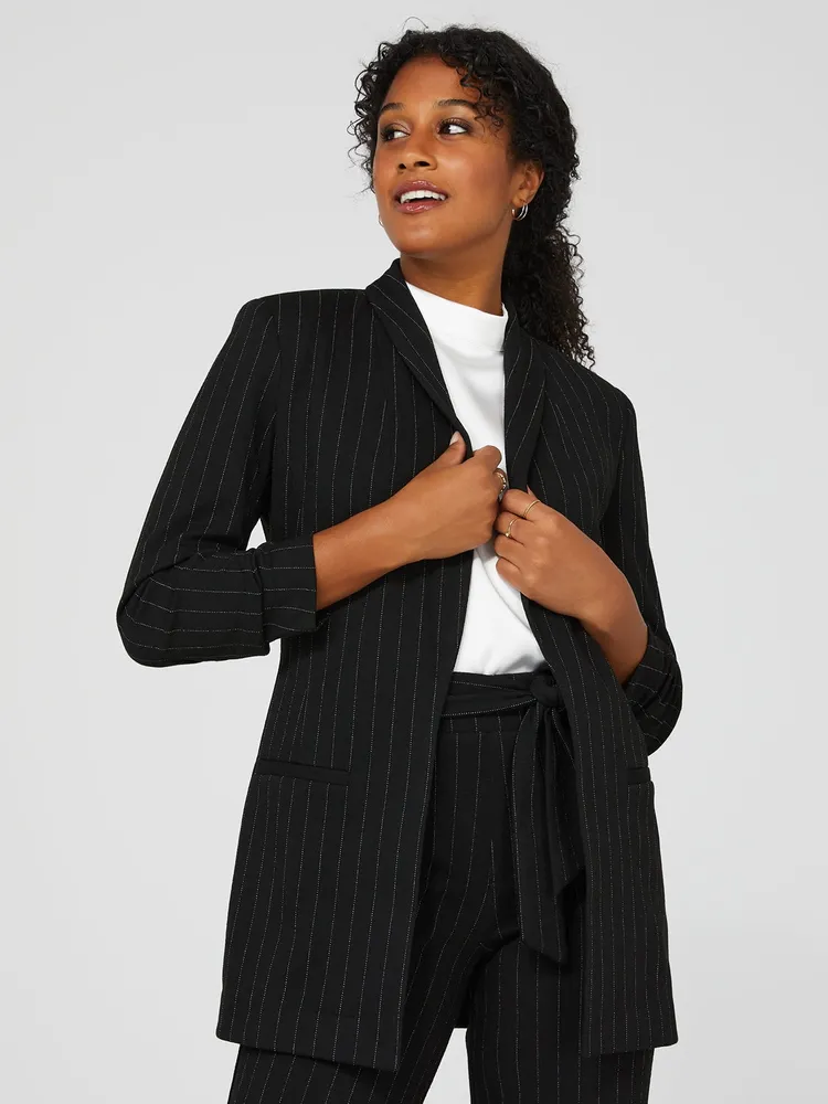 Pinstripe Crepe Open Blazer, Black /