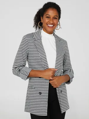 Houndstooth Jacquard Double Breasted Blazer With Pockets, Black /