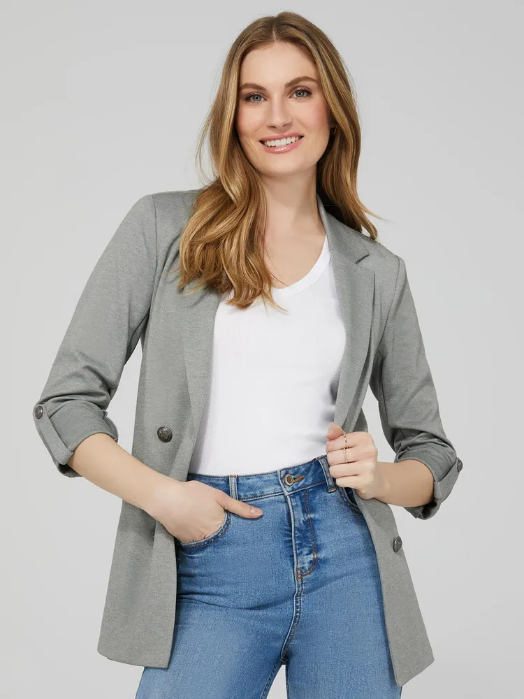 Suzy Shier Double-Breasted Blazer With Notch Collar, /