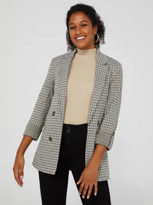 Houndstooth Jacquard Button-Front Blazer, The Buff /