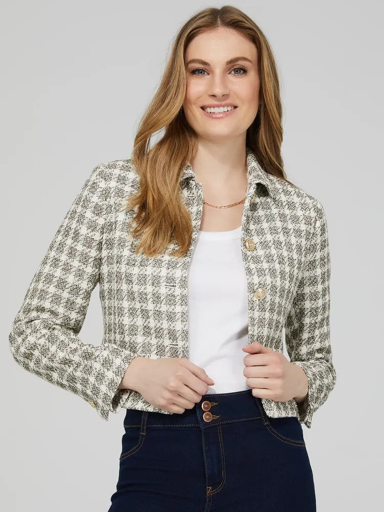 Short Button-Front Boucle Blazer, Ivy /