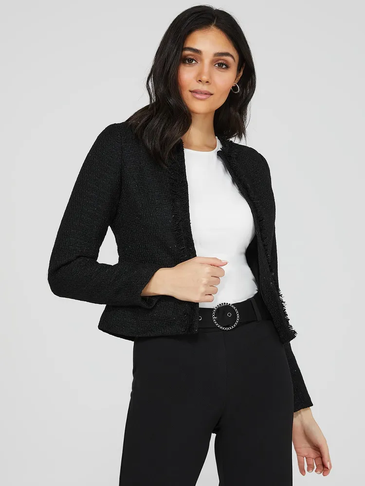 Waisted Boucle Blazer With Fringe Details, Black /