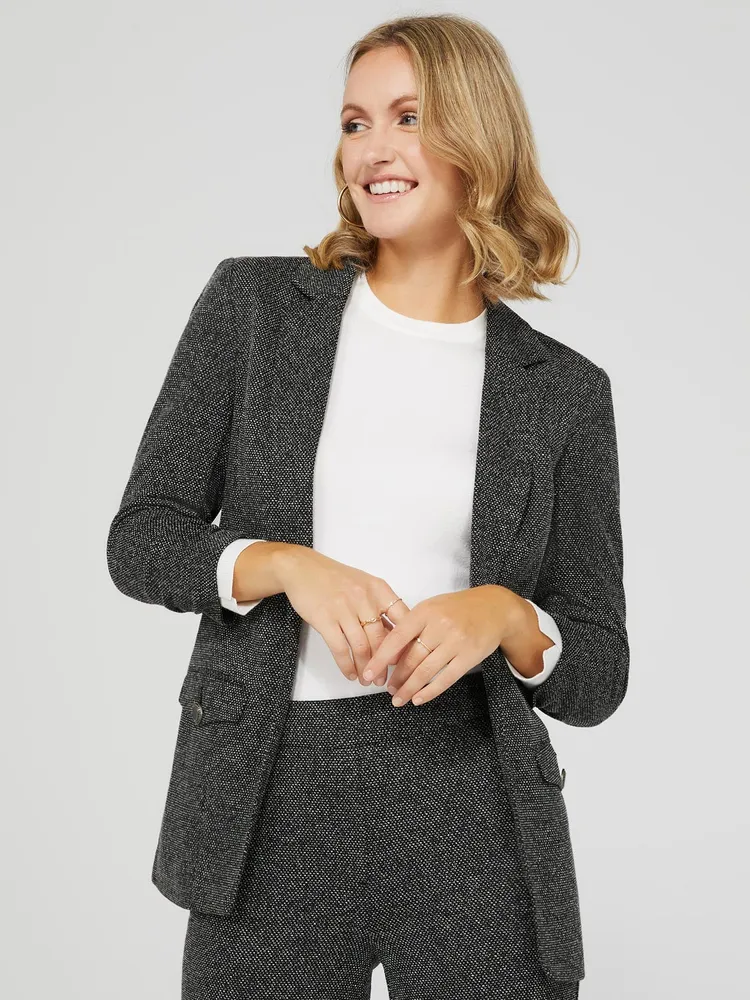 Jacquard Open Blazer With Ruched Sleeves, Black /