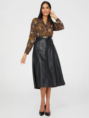 Faux Leather A-Line Midi Skirt With Belt, Black /