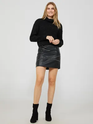 Faux Leather Mini Skirt With Zipper Details, Black /