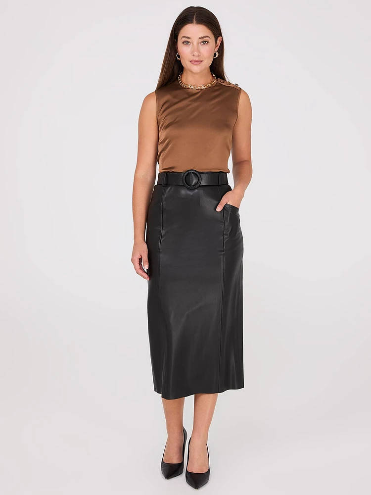 Faux Leather Belted Pencil Skirt