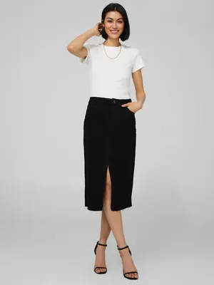 Raw Edge Denim Midi Skirt With Front Slit, Black Rinse /