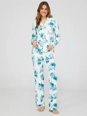 Floral Print Button-Down Pajama Set, Pearl /