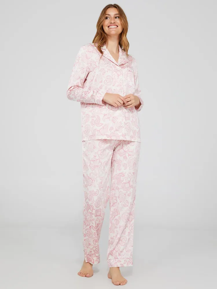 Paisley Print Satin Button-Down Pajama Set, White /