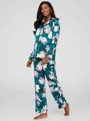 Floral Print Satin Button-Down Pajama Set, Tapestry /