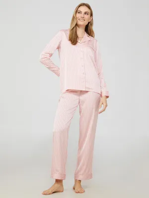 Striped Satin Button-Down Pajama Set, Pink /