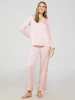 Striped Satin Button-Down Pajama Set, Pink /