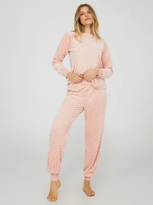 Dot Print Velour Pajama Set, Pink Dust /