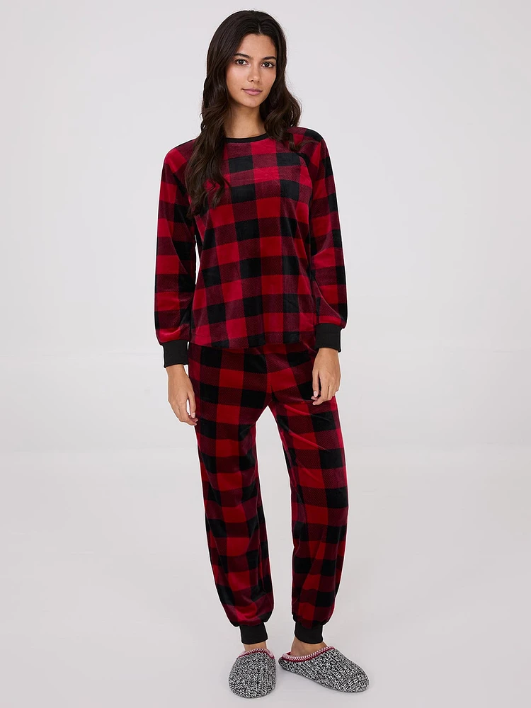 Plaid Print Velour Pajama Set