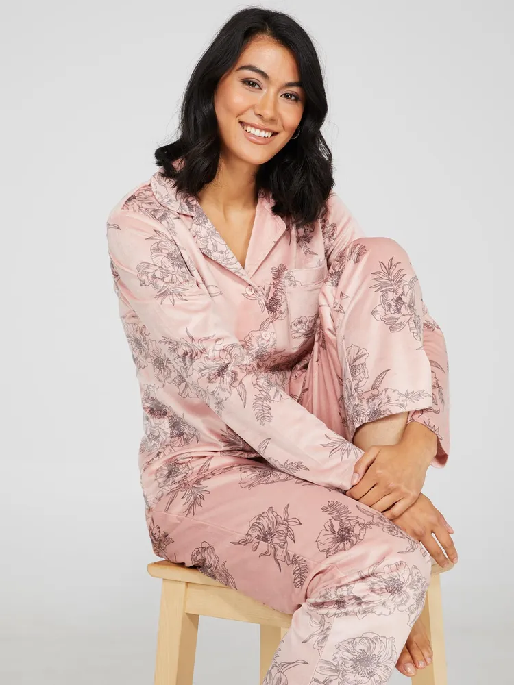 Floral Print Velour Button-Down Pajama Set, Pink /