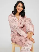 Floral Print Velour Button-Down Pajama Set, Pink /