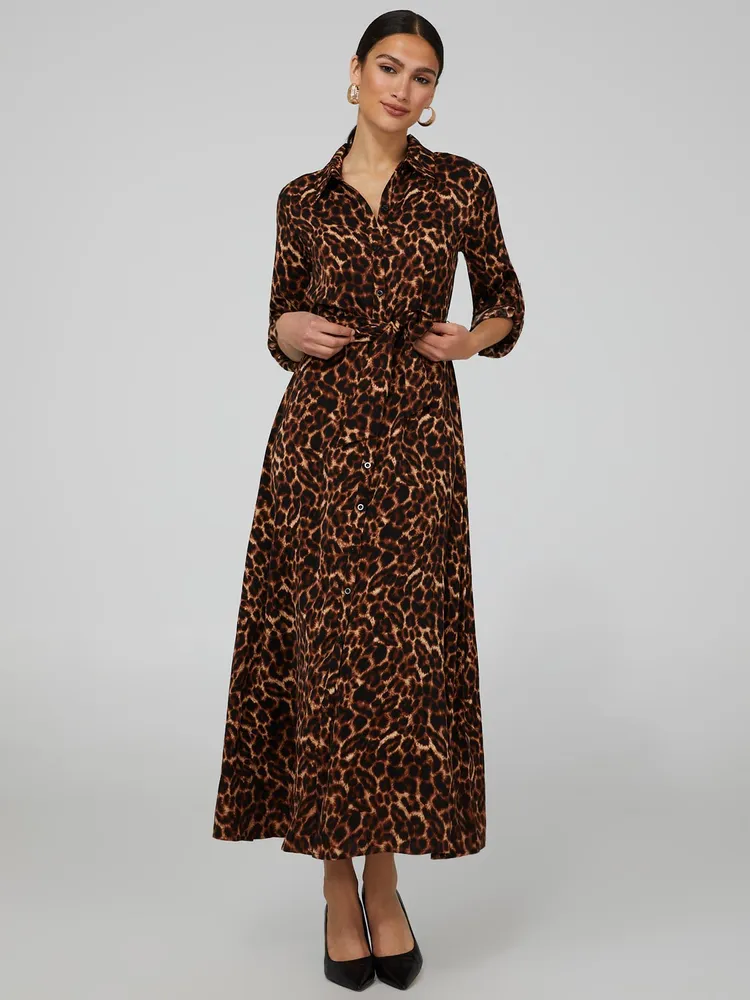 Printed Button-Front Maxi Shirt Dress, Black /